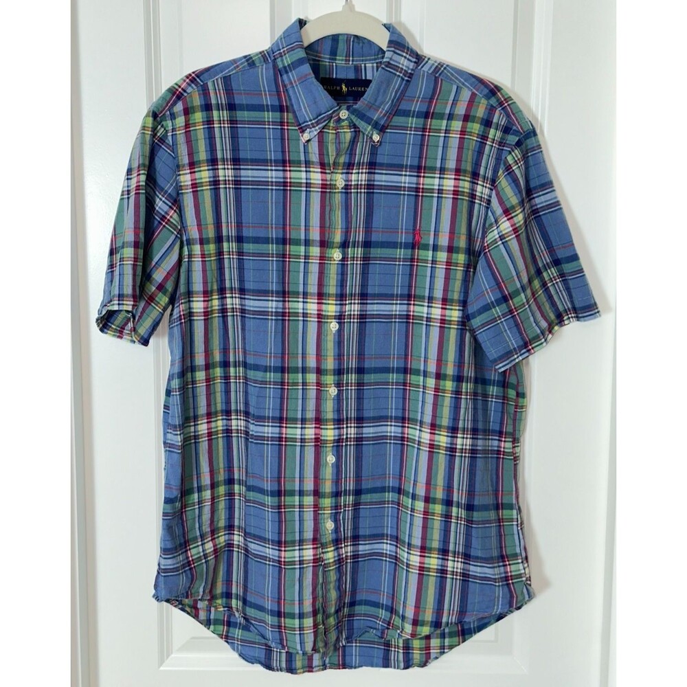 Ralph Lauren Madras Plaid Short Sleeve Button Down Shirt L 100% Cotton Preppy